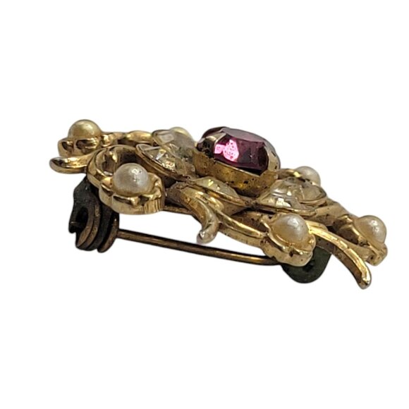 Vintage Floral Brooch With Pink Rhinestone & Faux Pearl Accents Gold Tone - Picture 6 of 8
